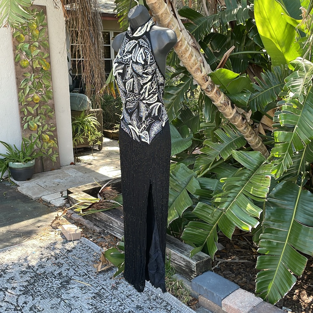 Vintage Oleg Casini, Black Tie, Dark Floral Beaded Silk Gown With Front Slit